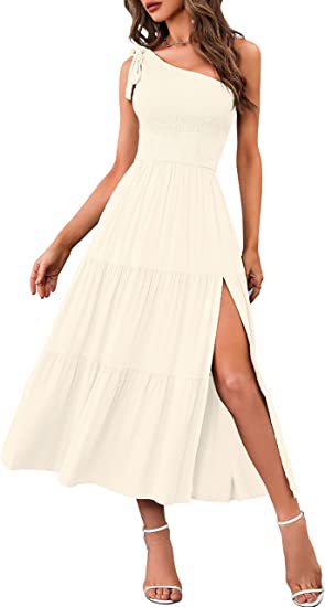 2025 New Summer Fashion Women's One-shoulder Pleated Layered Hem Split Dress (Copy)